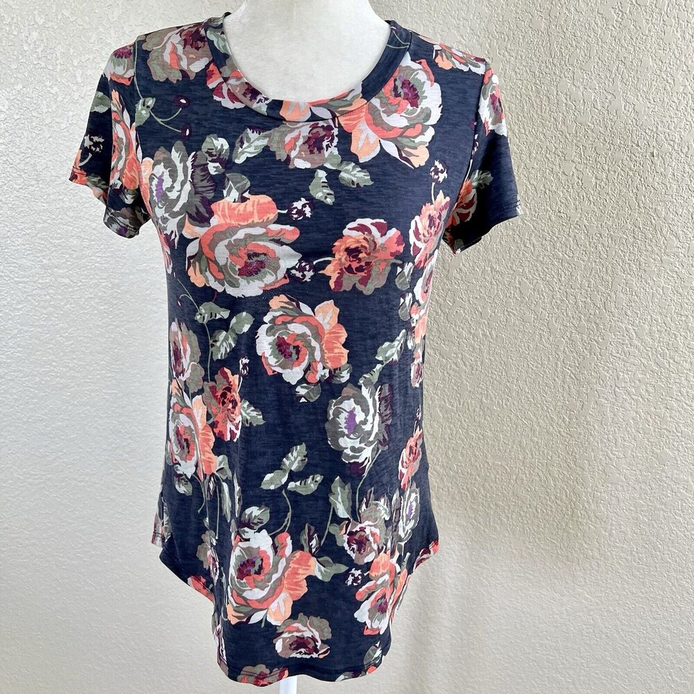 Anthro 12PM By Mon Ami Small Blue Top Peasant Blouse Shirt Pink Floral Roses